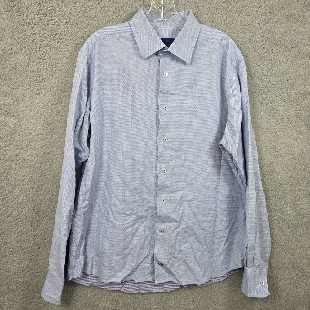 David Donahue Trim Fit Dress Shirt Mens 17.5 36/37 Blue Micro-Dot Orange